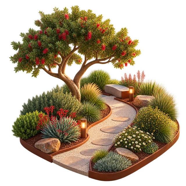 Colorful 3D native planting and landscape illustration