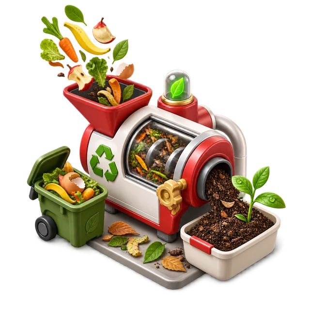 Colorful 3D organic-waste processing illustration