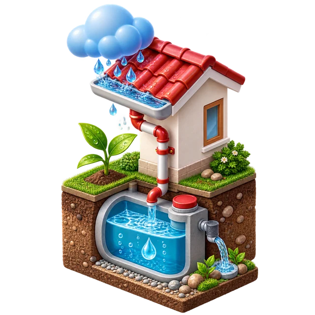 Colorful 3D rainwater harvesting illustration