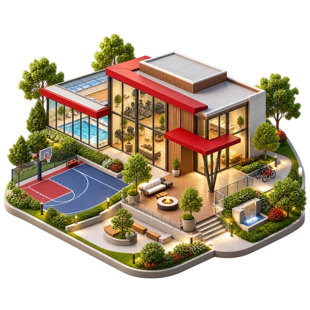Colorful 3D recreation centre illustration