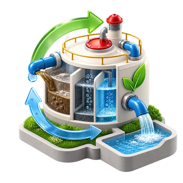 Colorful 3D sewage treatment system illustration