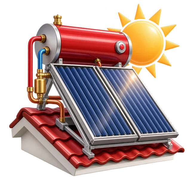 Colorful 3D solar water heating illustration