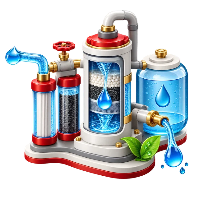 Colorful 3D water treatment system illustration