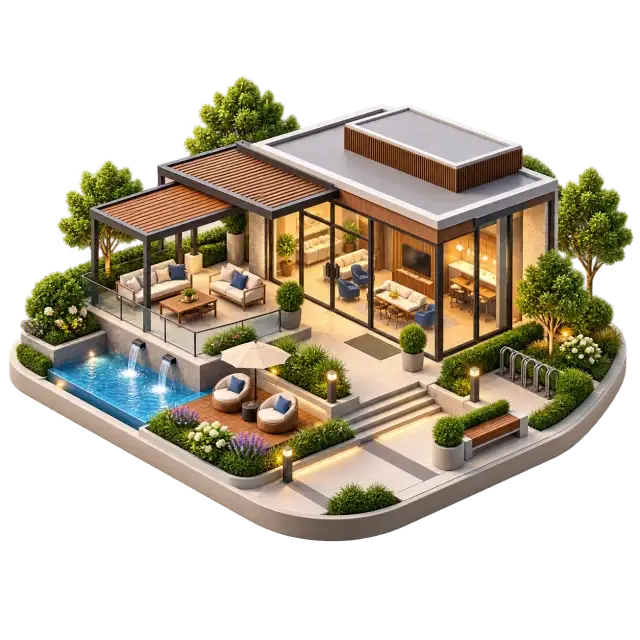 My Home Hoskote community clubhouse with gathering pavilion, outdoor seating and landscaped edges