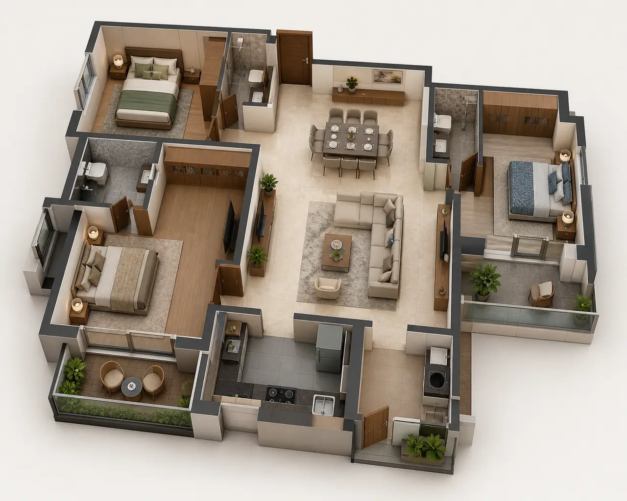 Generic three-bedroom apartment planning concept Generic three-bedroom apartment planning concept
