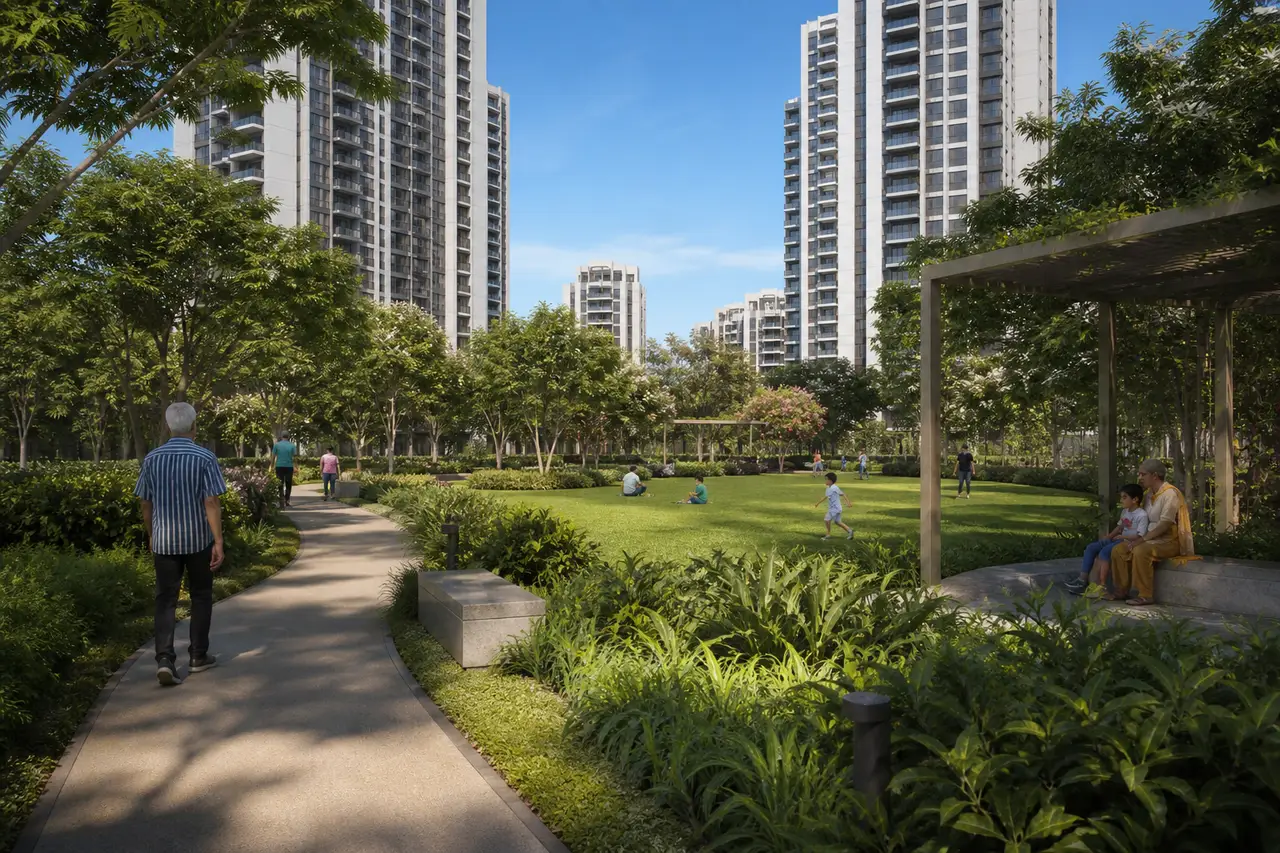 Green neighborhood park framed by apartment buildings