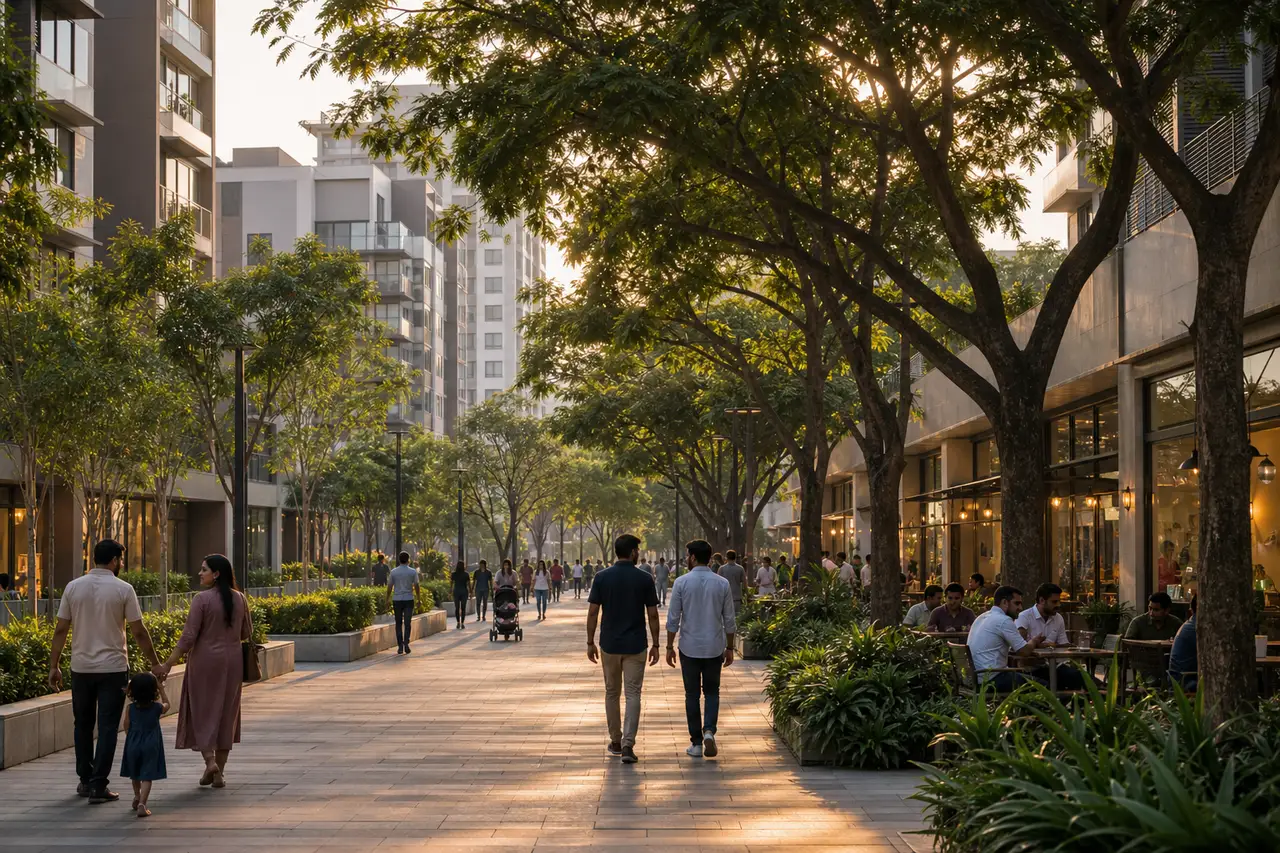 Landscaped pedestrian promenade between contemporary residential buildings