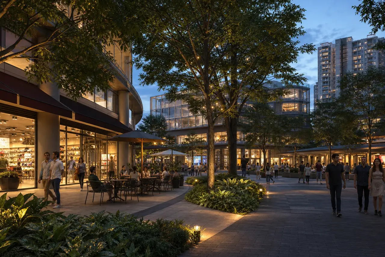 Pedestrian-oriented retail plaza in a mixed-use district