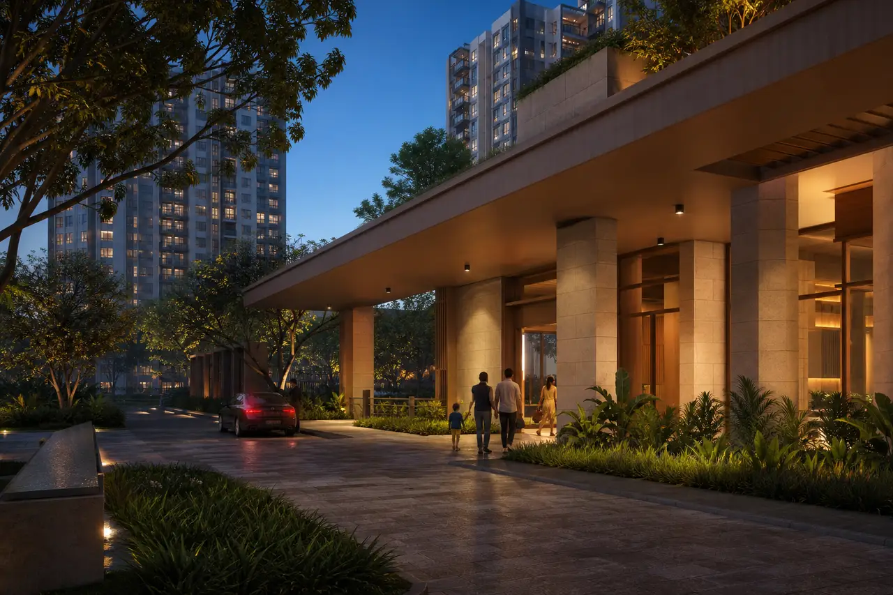 Contemporary residential arrival court with landscaping