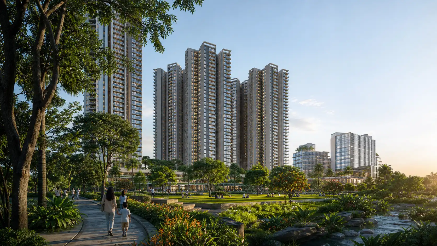 Contemporary mixed-use residential skyline with landscaped foreground